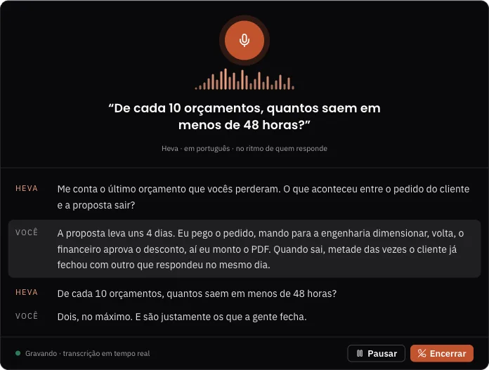 Entrevista de voz na plataforma: pergunta da Heva em destaque, forma de onda do áudio e a transcrição da resposta de um vendedor sobre o tempo da proposta comercial