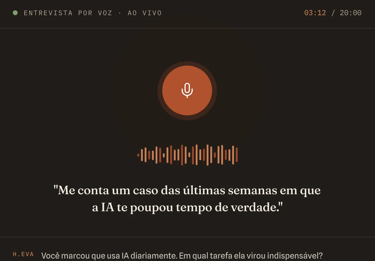 Tela da entrevista de voz na plataforma: microfone ativo e pergunta da IA em destaque